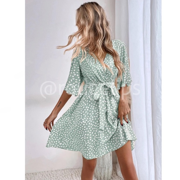 Mint Green All Over Print Dress Dalmatian, Spotted Faux Wrap, Tie Belt Mini - Picture 3 of 8